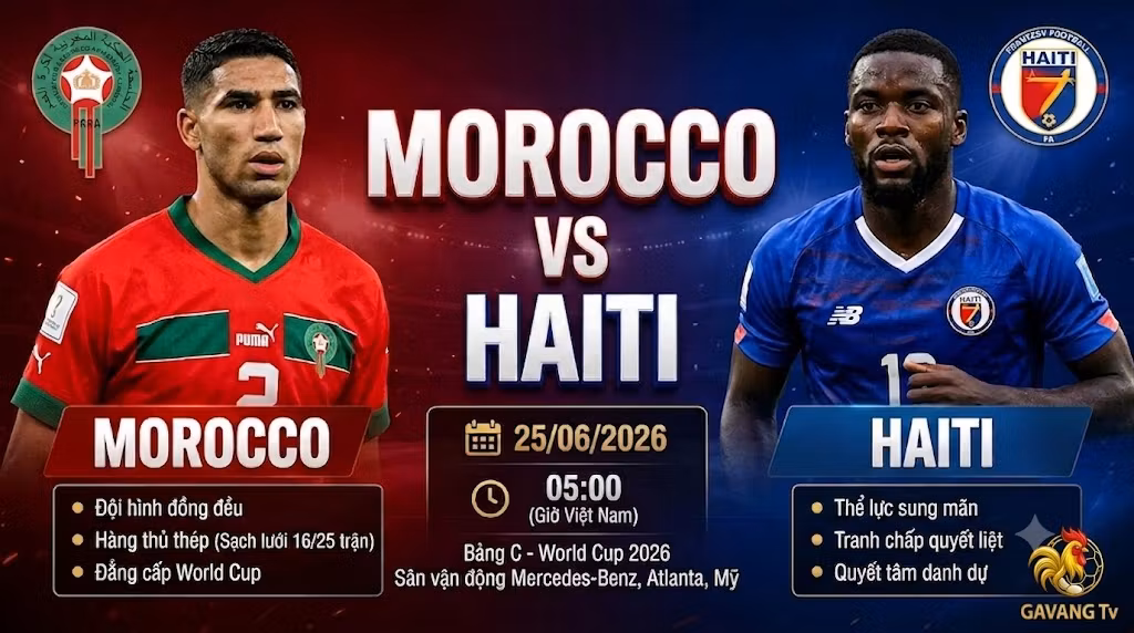 Hình ảnh nhận định và lịch thi đấu trực tiếp trận Morocco vs Haiti tại bảng C World Cup 2026 trên kênh Gavang TV.